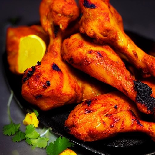 Indian tandoori grilled chicken with onion rings and lemon