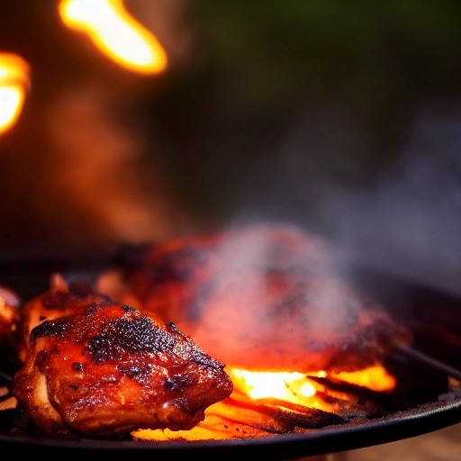 BBQ chicken thighs cooking over hot glowing charcoal