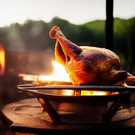 Whole golden-brown chicken spinning on a rotisserie spit