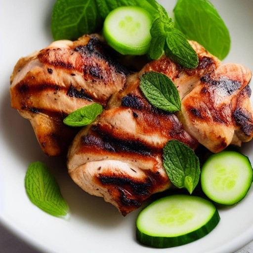 Yogurt-marinated grilled chicken thighs garnished with mint