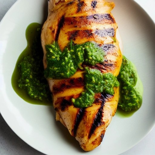 Grilled chicken breast with fresh green chimichurri sauce.