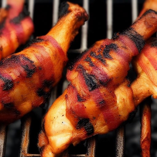 Crispy bacon wrapped grilled chicken drumsticks.