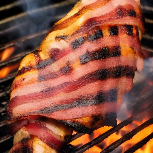 Bacon Wrapped Whole Grilled Chicken over open flames