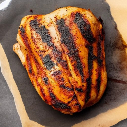 Grilled chicken breast with a dark blackened spice crust.