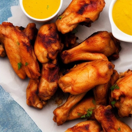 Vibrant yellow Carolina gold BBQ grilled chicken wings.