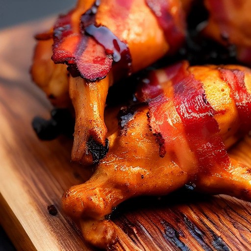 Sticky maple bacon glazed grilled chicken drumsticks.