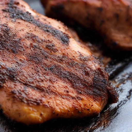 Grilled chicken breast with a dark brisket rub crust.