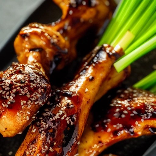 Dark and sticky teriyaki grilled chicken drumsticks.