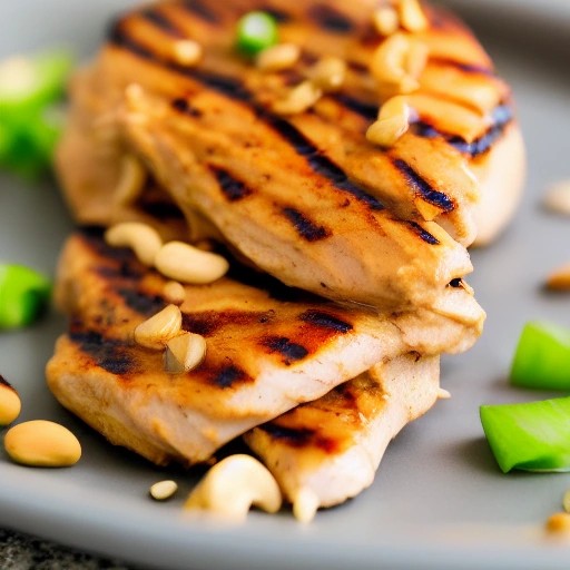 Thai peanut grilled chicken breast strips with crushed peanuts.